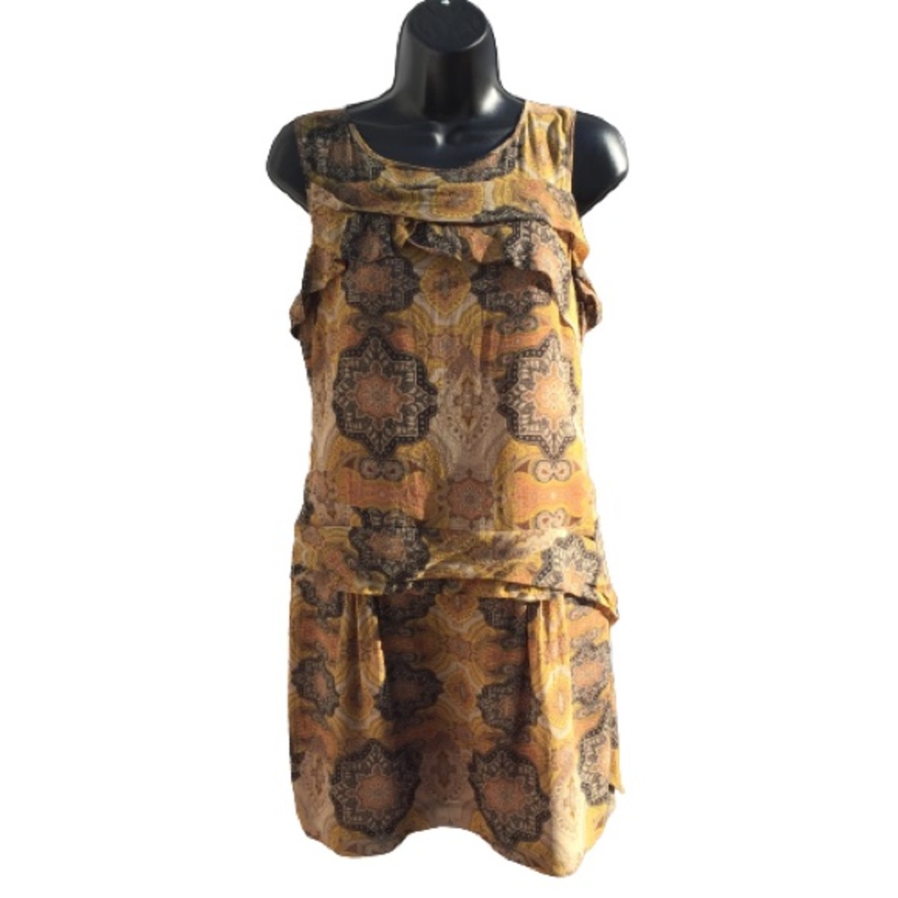 Beautiful 100% Silk Sleeveless Vintage Drop Waist Dress Black & Gold Size Small